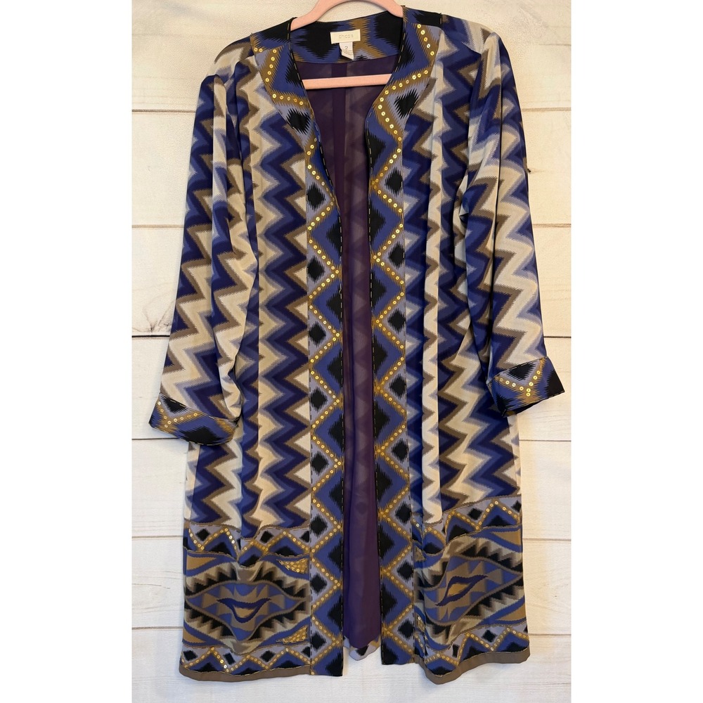 Chicos Blue Chevron Ikat Sequin Open Front Duster Cardigan Size 2 L Large